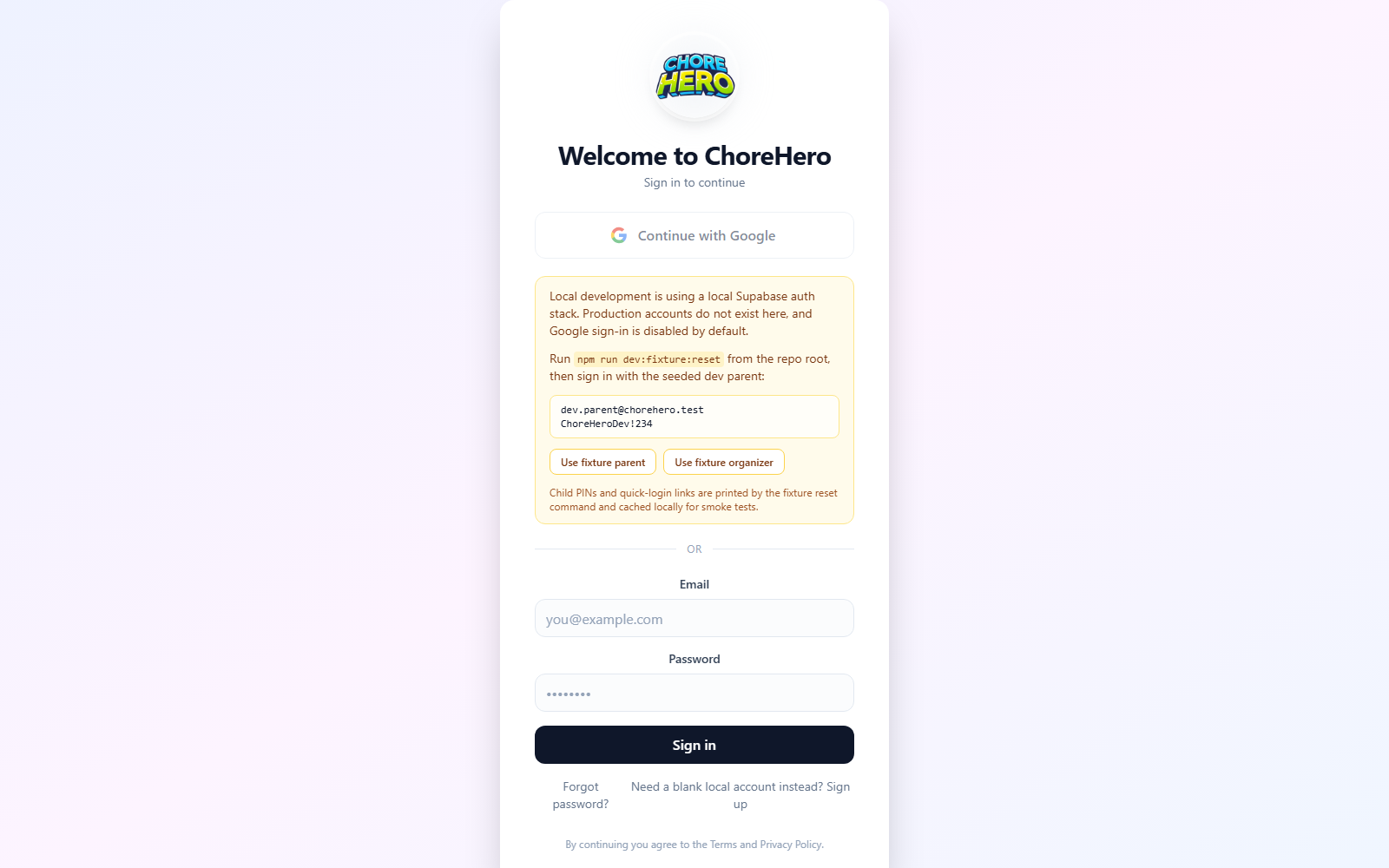 Parent sign-in screen in the app