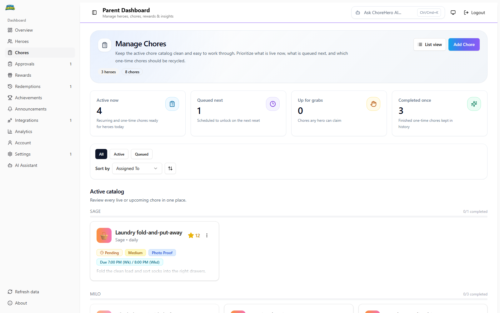 Chores tab in Parent Dashboard before opening the chore setup flow